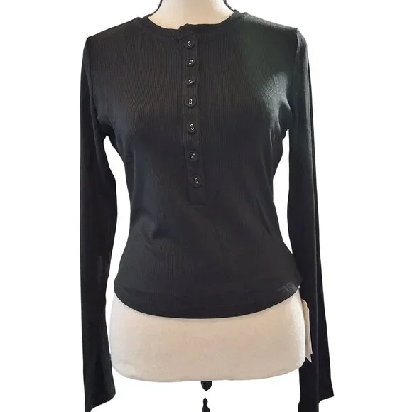 Commense Black Ribbed Long Sleeve Button-Up Henley Top XL 95% Cotton 5% Elastane - Picture 2 of 8